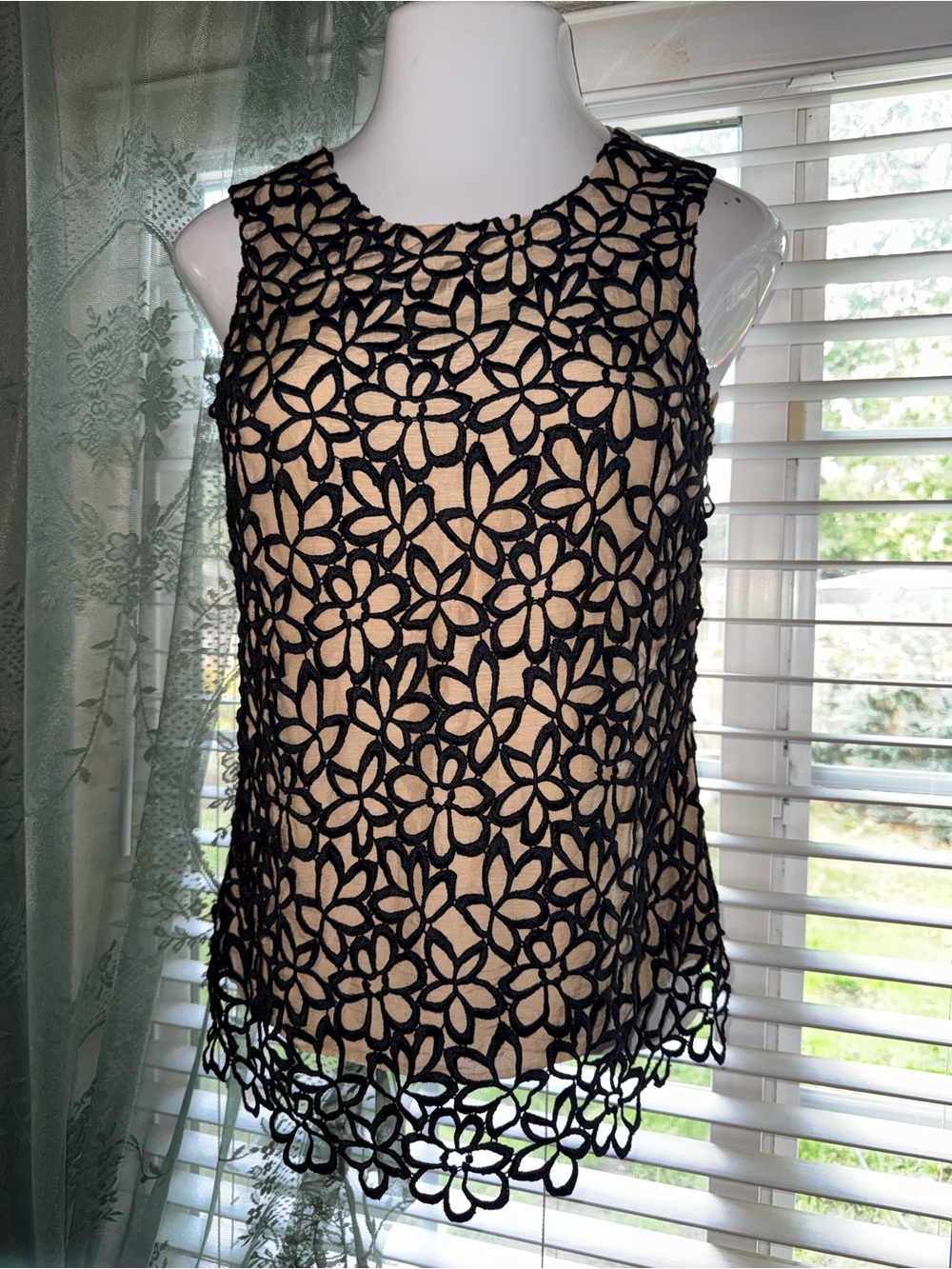 Neiman Marcus Black Floral Lace Camisole over Nude